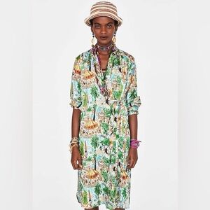 Zara Colorful Carousel Print Button Down Dress
